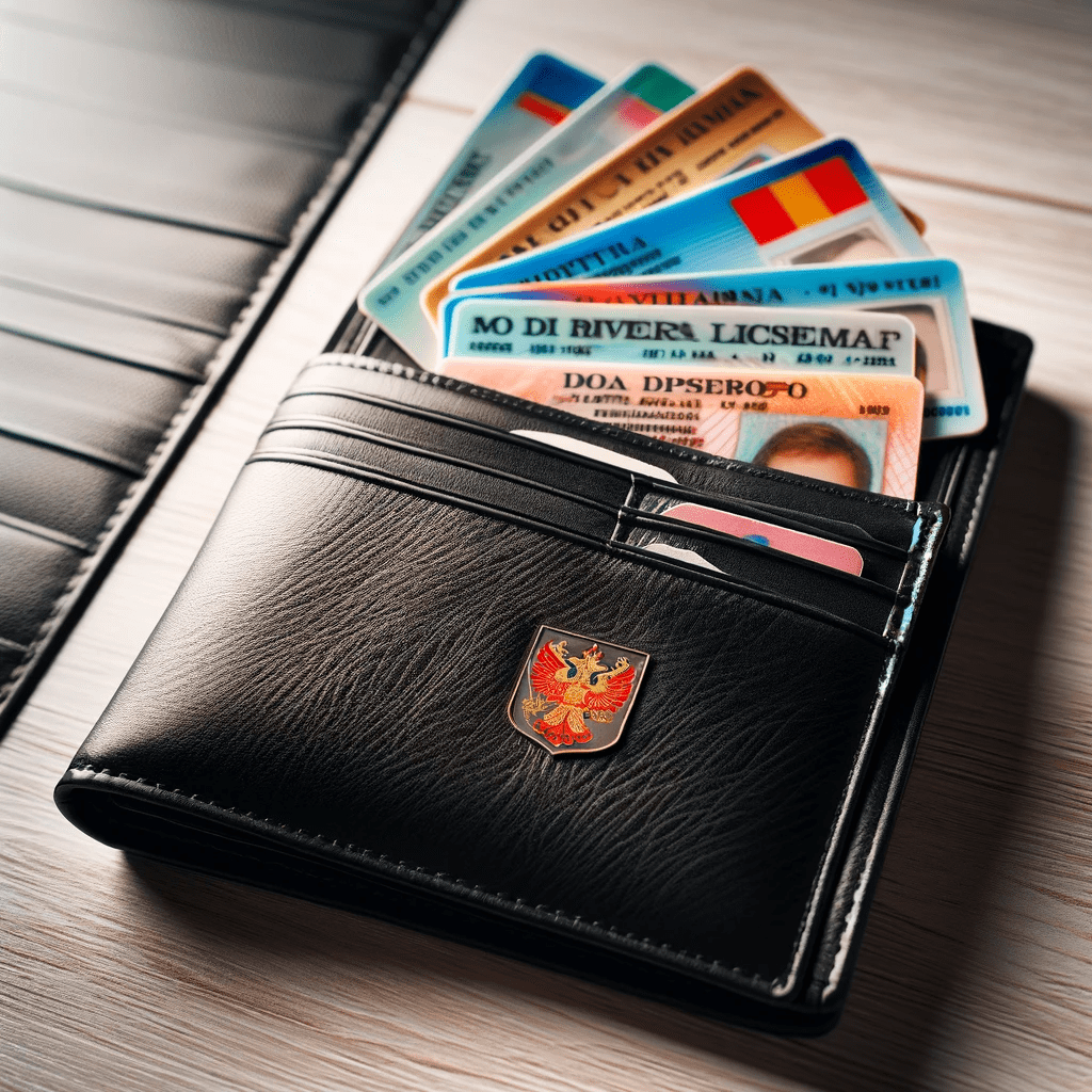 Czarny portfel z herbem w barwach czerwono-złotych, lekko otwarty na drewnianym blacie, z którego wystają kolorowe karty, ukazujące jedynie ich górne krawędzie.